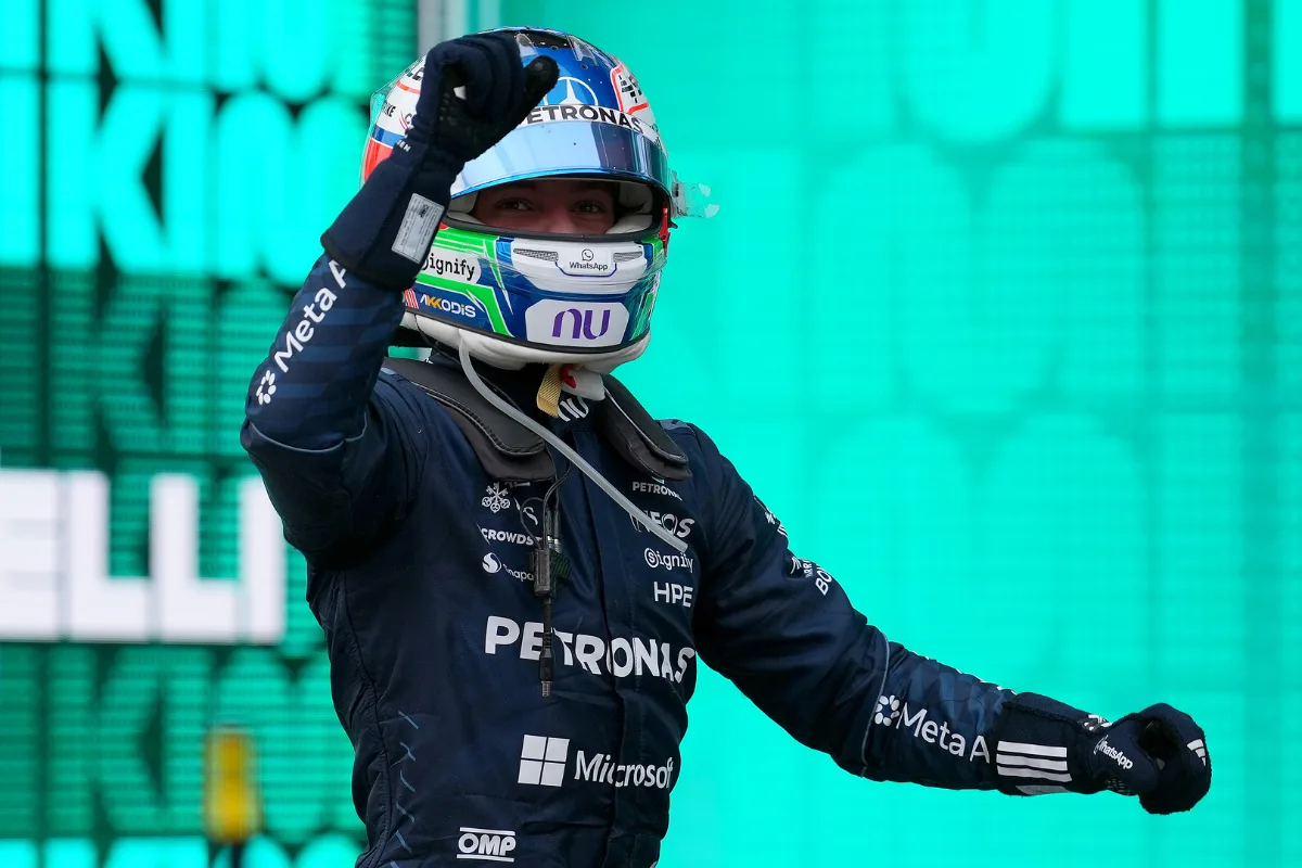 Kimi Antonelli celebrates in parc ferme after winning the 2026 United States Grand Prix