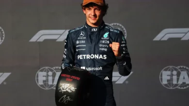 Kimi Antonelli holds the Pirelli pole position award after qualifying for the United States Grand Prix