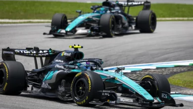 Kimi Antonelli leads George Russell in the two Mercedes W17s at Sepang