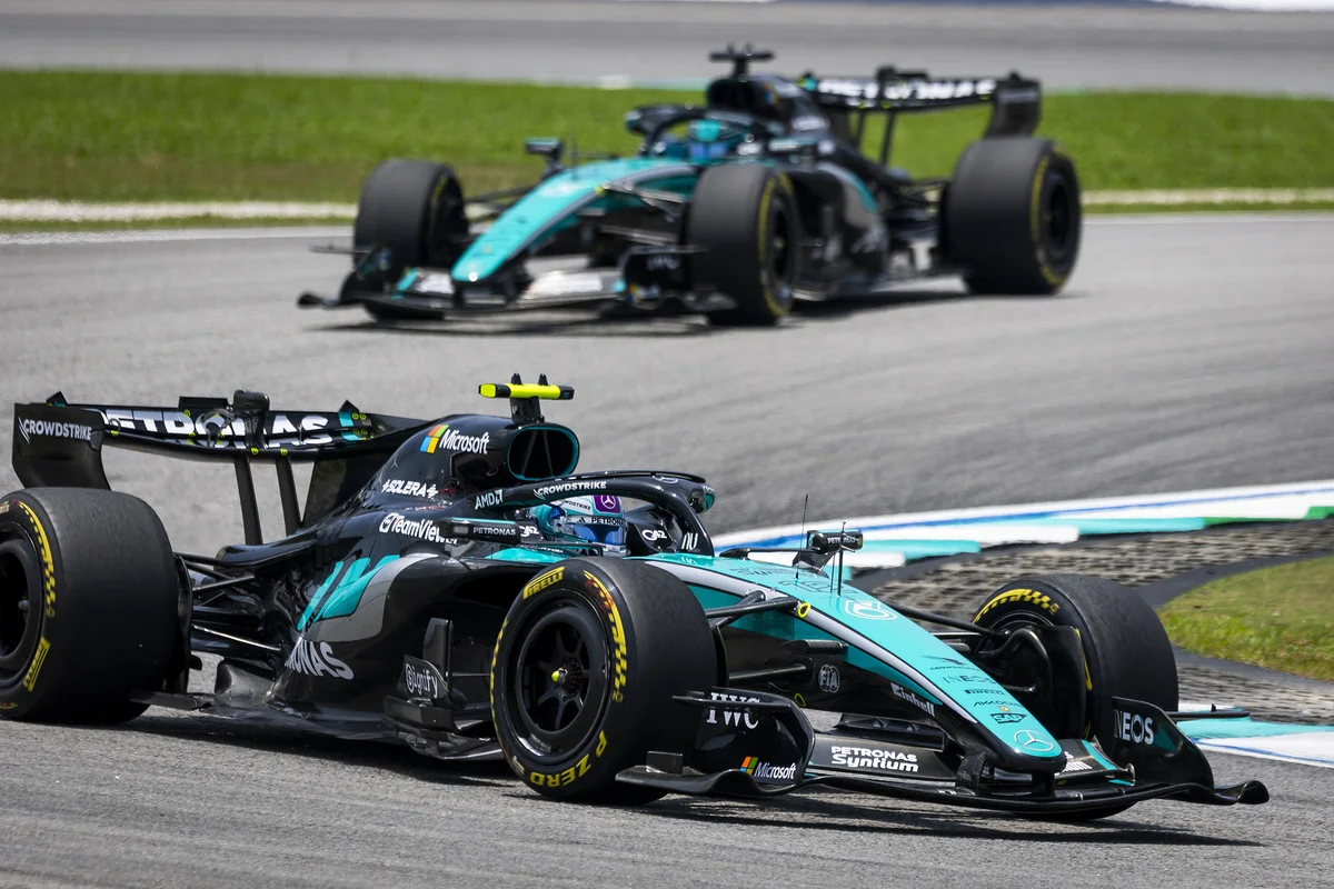 Kimi Antonelli leads George Russell in the two Mercedes W17s at Sepang