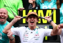 Kimi Antonelli celebrates with the Mercedes team after winning the 2026 United States Grand Prix in Austin