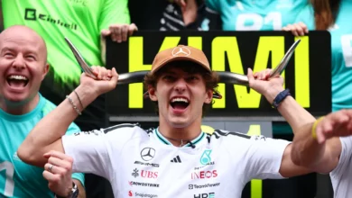 Kimi Antonelli celebrates with the Mercedes team after winning the 2026 United States Grand Prix in Austin