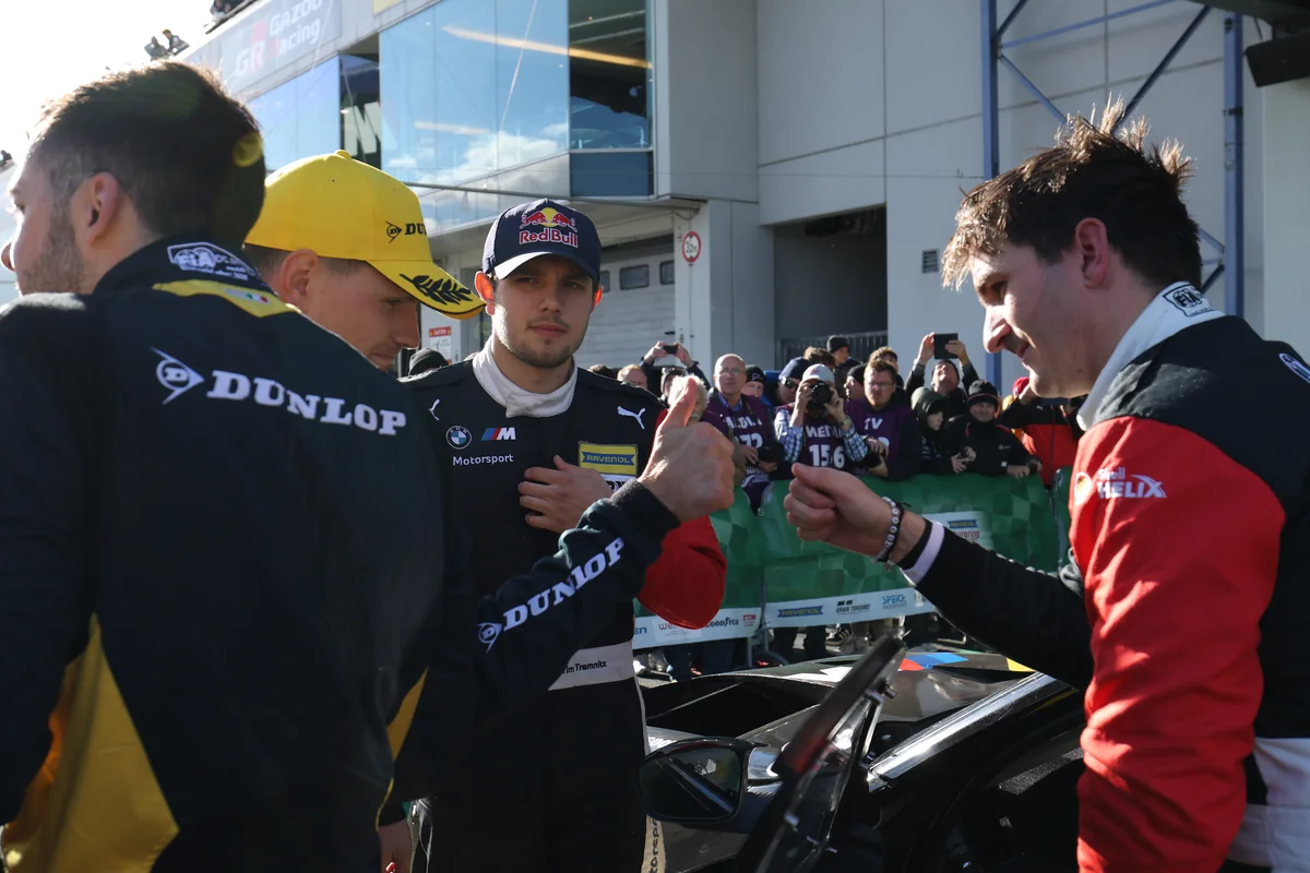 Dunlop Motorsport and Schubert Motorsport drivers congratulate each other after the NLS10 finish at the Nurburgring