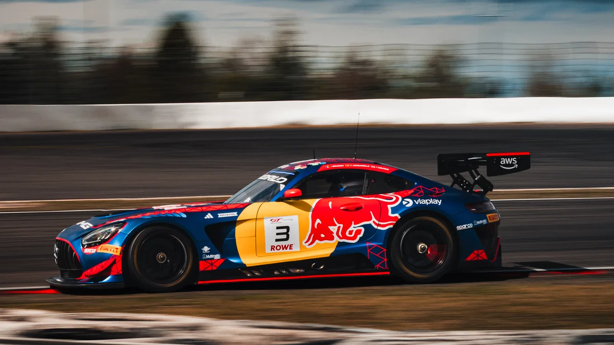 The blue and yellow #3 Mercedes-AMG Team Verstappen Racing GT3 in Red Bull colours at the Nürburgring in August 2026