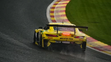 The yellow #48 Mercedes-AMG Team MANN-FILTER GT3 on a wet track at Spa-Francorchamps in May 2026