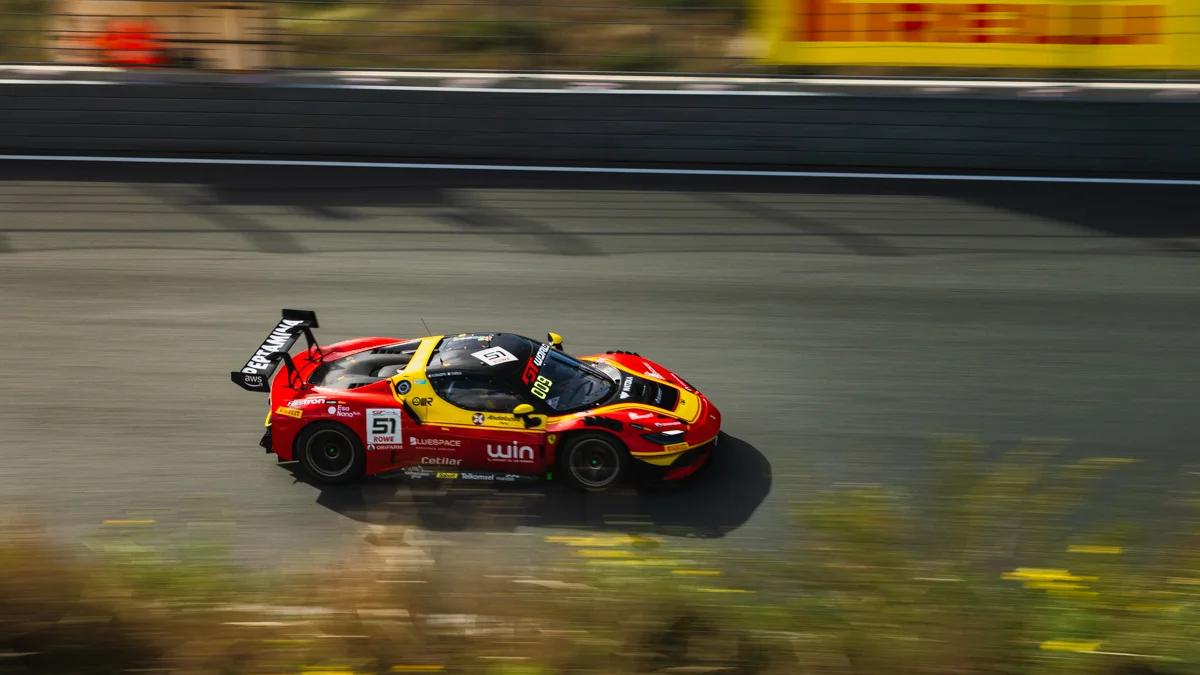 The red #51 AF Corse Ferrari 296 GT3 at speed at Zandvoort in September 2026