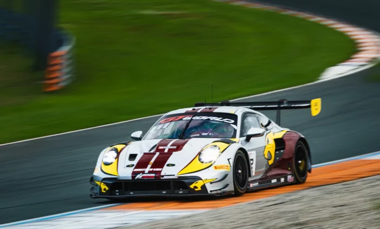 The number 2 Boutsen VDS Porsche 911 GT3 R in white, burgundy and yellow through a corner at Zandvoort in September 2026