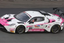 The pink and white #85 Iron Dames by SP Racing Maserati MC20 GT2 of Sarah Bovy and Laura van den Hengel in the GT2 European Series