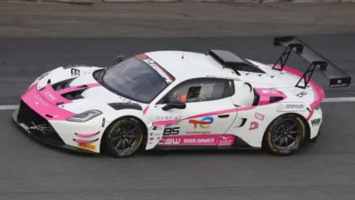 The pink and white #85 Iron Dames by SP Racing Maserati MC20 GT2 of Sarah Bovy and Laura van den Hengel in the GT2 European Series
