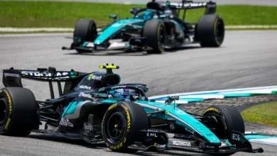 Kimi Antonelli driving the Mercedes W17 ahead of team mate George Russell during practice for the Bahrain Grand Prix in Malaysia at Sepang
