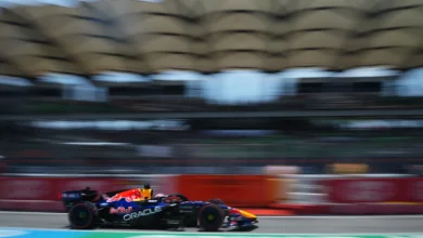Max Verstappen driving the Red Bull RB22 on the main straight at Sepang during practice for the Bahrain Grand Prix in Malaysia