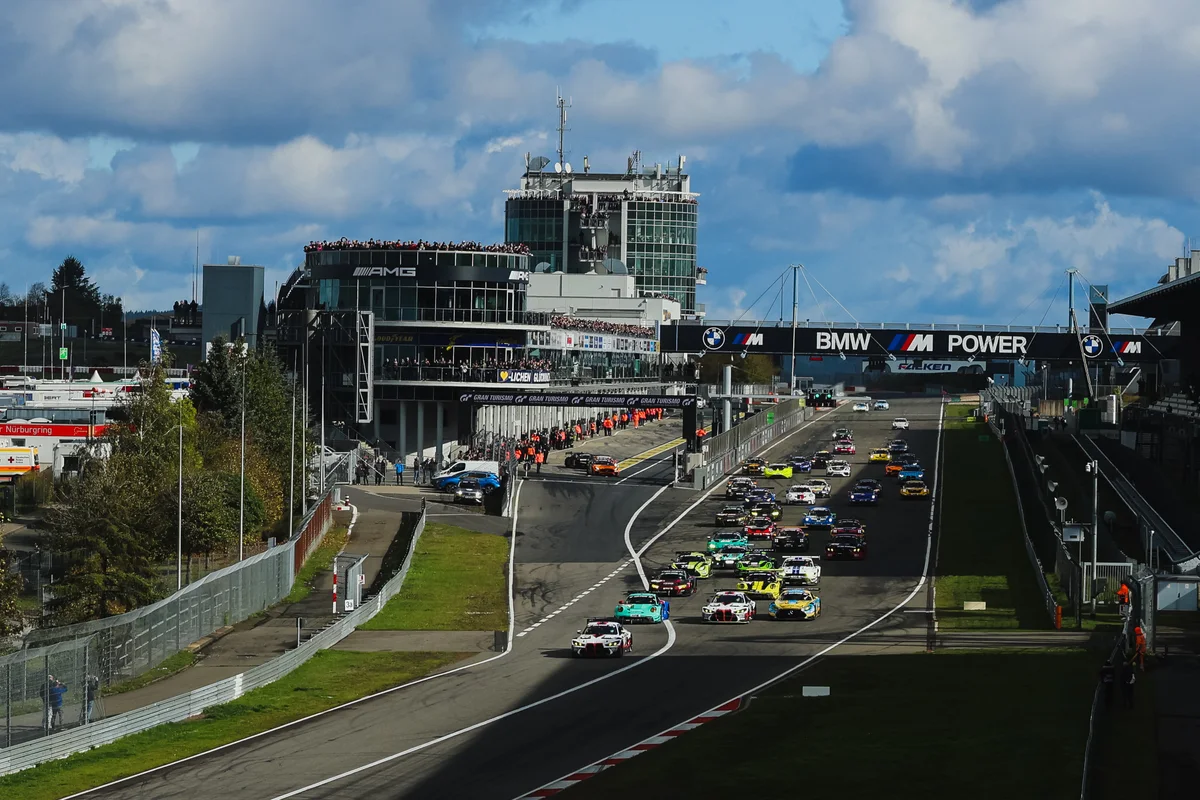 The NLS10 field at the start on the Nurburgring GP circuit, led by the number 23 Gamota Racing BMW