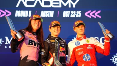 Nina Gademan, Alisha Palmowski and Alba Larsen with their trophies on the F1 Academy podium in Austin