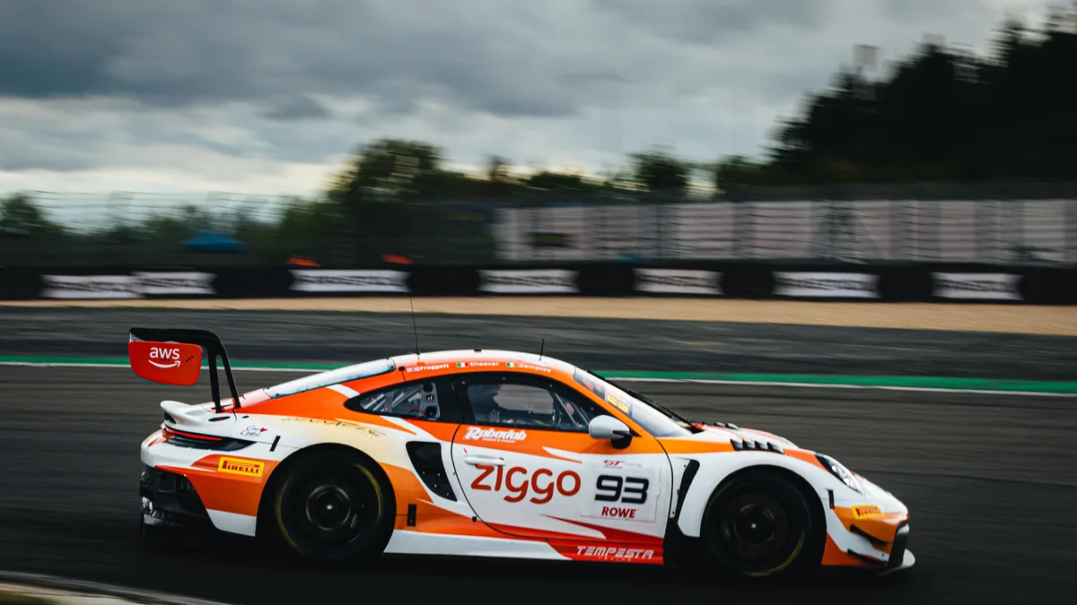 Side view of the number 93 Ziggo Sport Tempesta Racing Porsche at the Nürburgring