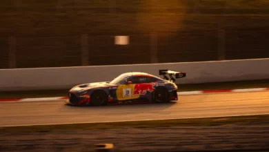 The number 3 Verstappen Racing Mercedes-AMG in Red Bull colours at speed in low evening sun