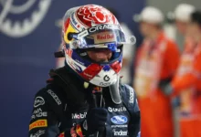 Max Verstappen gives a thumbs up in parc ferme after taking Sprint pole for the 2026 Singapore Grand Prix